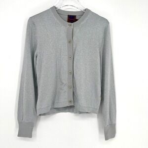 Marc Jacobs Heaven Cardigan Womens L Silver Metallic Sparkle Crew Neck